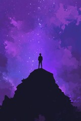 Fototapeta premium Man stands on hilltop gazing at the colorful galaxy above during a serene twilight moment