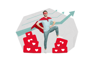 Creative collage of superhero man hands on waist leg on likes arrows pointing up increase followers isolated on pastel color background