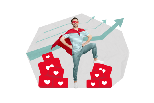 Creative collage of superhero man hands on waist leg on likes arrows pointing up increase followers isolated on pastel color background