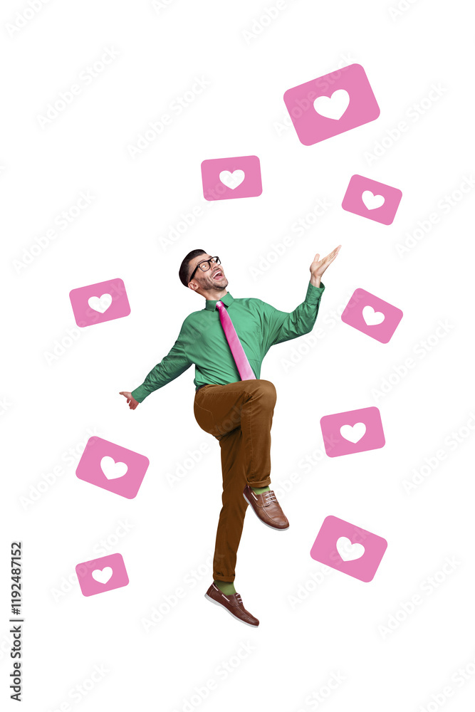 Poster vertical collage image of excited positive guy overjoyed drawing like heart notifications isolated o