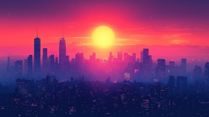 Fototapeta premium Minimalist city skyline at sunrise, vibrant colors blend seamlessly, creating a serene urban landscape, embodying tranquility and modernity