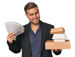 Young man holds dollars and fast food, showcasing finance and indulgence