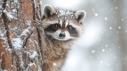 A close-up photography of a raccoon peeking out from behind a snow-laden tree trunk, its fur dusted with delicate snowflakes.