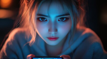 Fototapeta premium A woman holds a cell phone in her hands