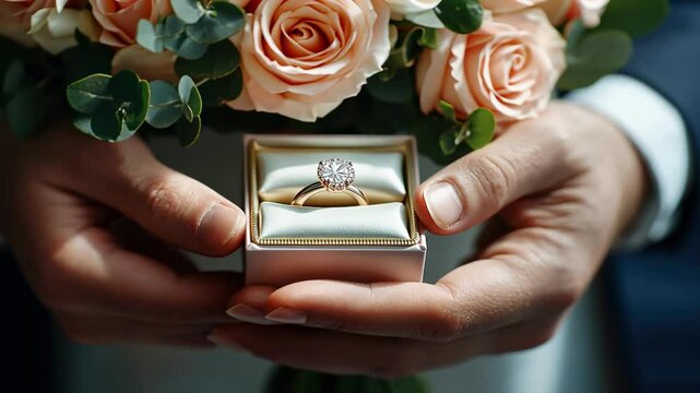 close-up of a man holding a box with a ring for a proposal or engagement.