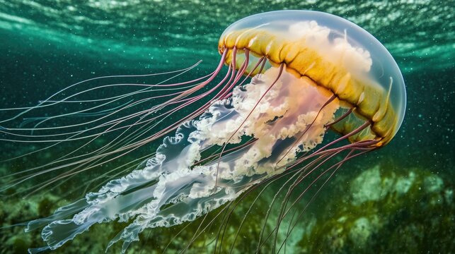 A jellyfish drifting in the ocean with its mouth open, suitable for use in ocean-related or wildlife documentaries