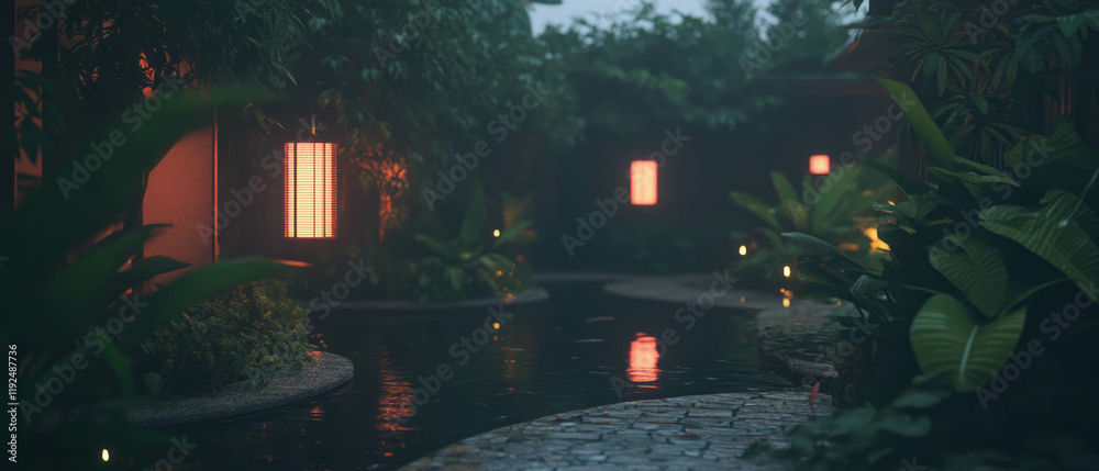 Poster tranquil garden path illuminated by soft lights creates a serene atmosphere