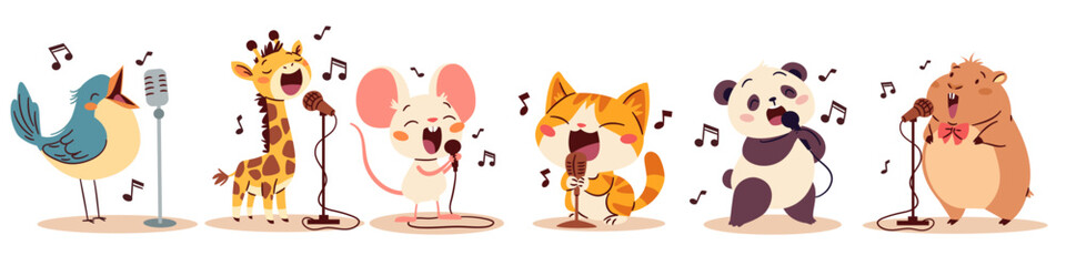 Cute singing animals. Bird kitten hamster panda giraffe mouse singers sing into the microphone. Set of flat vector illustrations in simple children's style, white background . Vector illustration © Alena