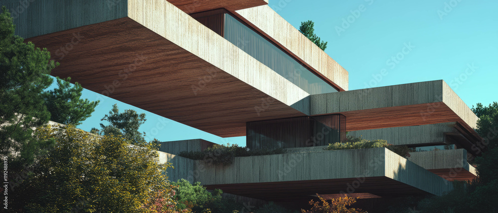 Poster innovative cantilevered architectural design with stacked volumes in a nature setting