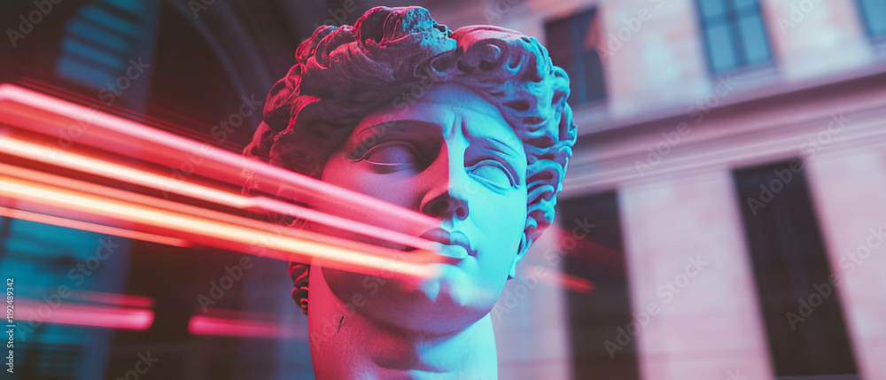 Poster statues enclosed in vibrant neon structures highlight modern architectural design