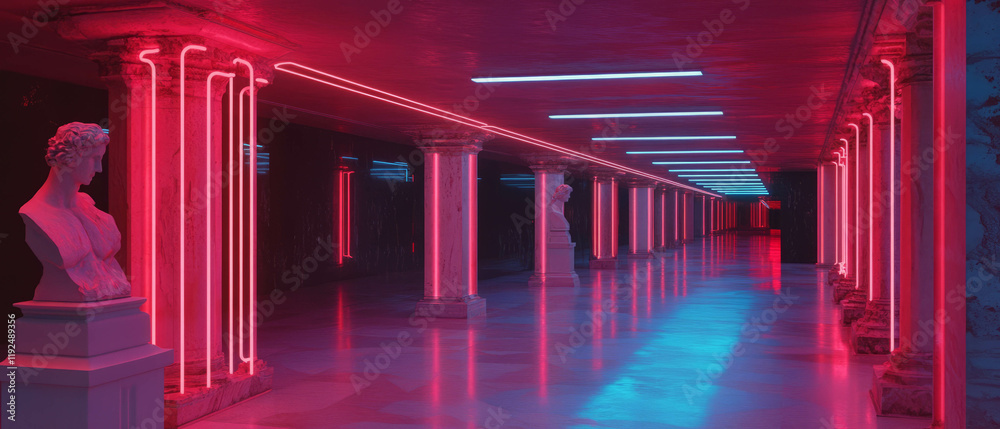Poster Statues illuminated by neon lights in a modern architectural setting