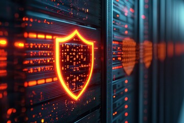Glowing Shield Icon on Server Rack for Data Protection