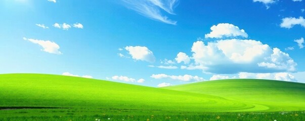 Obraz premium Lush green meadow, vibrant blue sky, fluffy white clouds , rural, background, beautiful