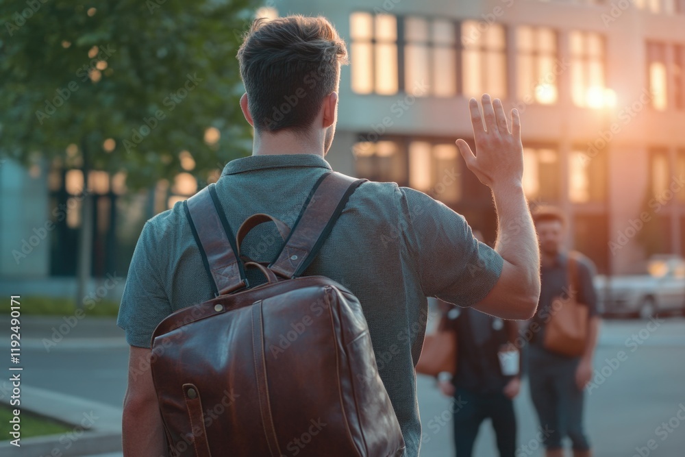 Poster a person with a backpack waving outside a structure, possibly a building or monument