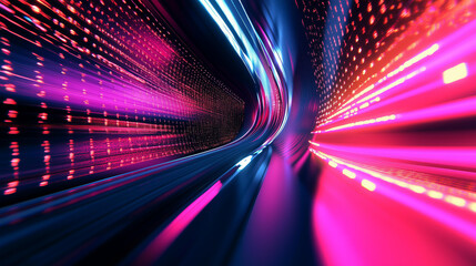 futuristic neon tunnel, vibrant pink and blue light trails, high-speed motion effect, digital technology concept, glowing cyberpunk aesthetic, immersive sci-fi environment, abstract energy flow 