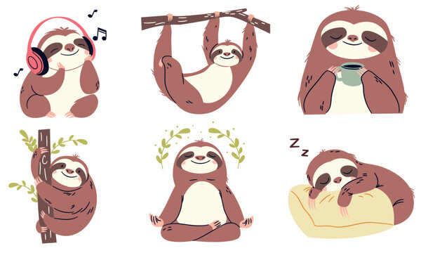 Set of flat vector illustrations in children's style on white background. Cute sloths in different poses, listening to music, meditating and more . Vector illustration
