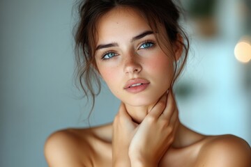 A beautiful young woman posing for a photo shoot or self-portrait, with a relaxed and confident expression