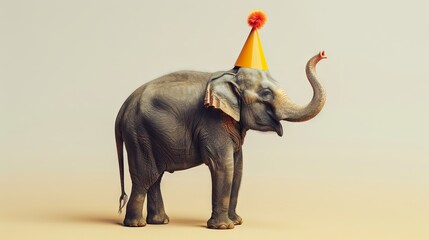 Elephant wearing a colorful party hat celebrating a birthday with festive decorations


