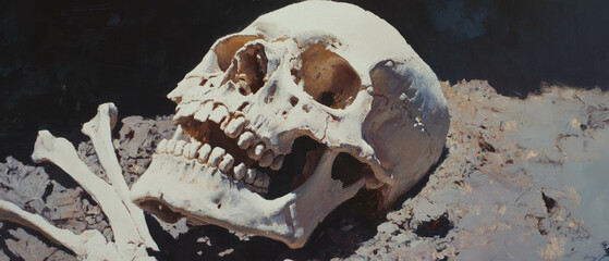 Sun bleached bones scatter across the dry landscape under a harsh sun