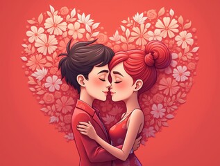 A Valentine's Day card featuring a romantic couple, with a background full of hearts and flowers.