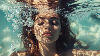 ethereal underwater portrait, serene female face with closed eyes, sunlight reflections creating mesmerizing patterns on skin, tranquil and dreamy atmosphere, soft bubbles in motion, aquatic beauty