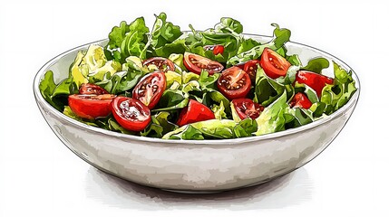 A Vibrant Bowl of Fresh Salad with Tomatoes and Avocado, Illustrated in a Watercolor Style.