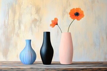 Vases in varying shapes and colors with flowers on a wooden table, showcasing modern decor styles for home interiors and artistic design inspiration.