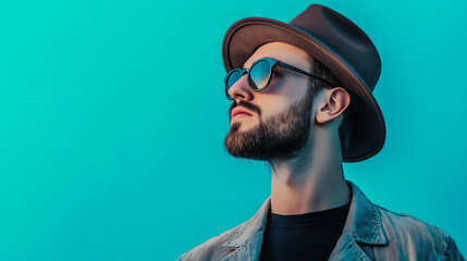 modern portrait of a stylish man wearing sunglasses and a hat, looking upwards with confidence, vibrant teal background, minimalist composition, fashion and lifestyle concept, contemporary aesthetic
