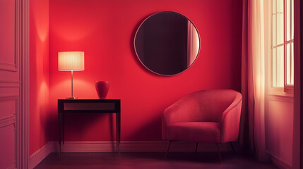 minimalistic interior design featuring a red accent wall, a plush red armchair with ribbed upholstery, a round mirror with a metallic frame, a wooden side table with drawers, a modern floor lamp