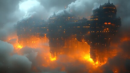 Futuristic City Above Clouds Burning Inferno