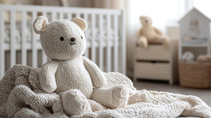 Adorable Knitted Teddy Bear Sitting on a Cozy Blanket in a Nursery.