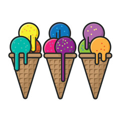 Three ice cream cones with colorful scoops vector illustration for Creative Ice Cream Flavor Day on July 1st