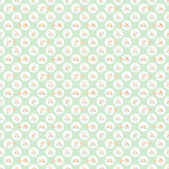 Soft mint green floral medallion seamless pattern with delicate bouquets and birds. Ideal for baby textiles, feminine stationery and gift wrap.