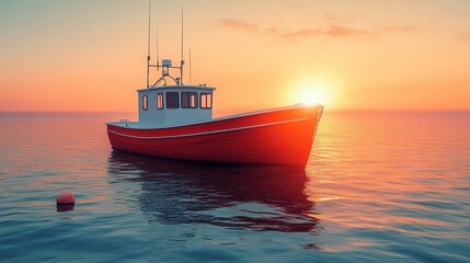 Fototapeta premium Minimalist fishing boat on calm sea, clear skies above, simple design, tranquil atmosphere, serene maritime scene, harmonious colors