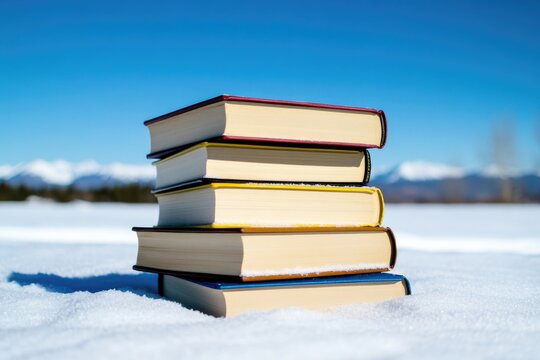 Stack of books sitting on snowy ground, great for winter theme or educational concepts - Powered by Adobe