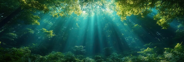 Obraz premium Forest Canopy Perspective, a minimal flat design showcasing the intricate layers of leaves and branches viewed from below, vibrant greens and soft shadows