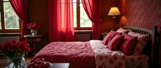 Cherry bedroom with dark cherry curtains, a bed with cherry patterned bedding and a vase of fresh cherries on the nightstand.