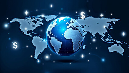 Glowing digital globe with currency symbols representing global finance and trade connectivity in a modern abstract desig