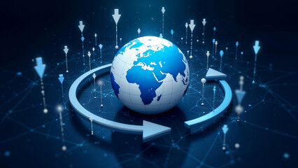 Glowing digital globe with currency symbols representing global finance and trade connectivity in a modern abstract desig
