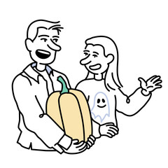 A man and a woman walking with a pumpkin