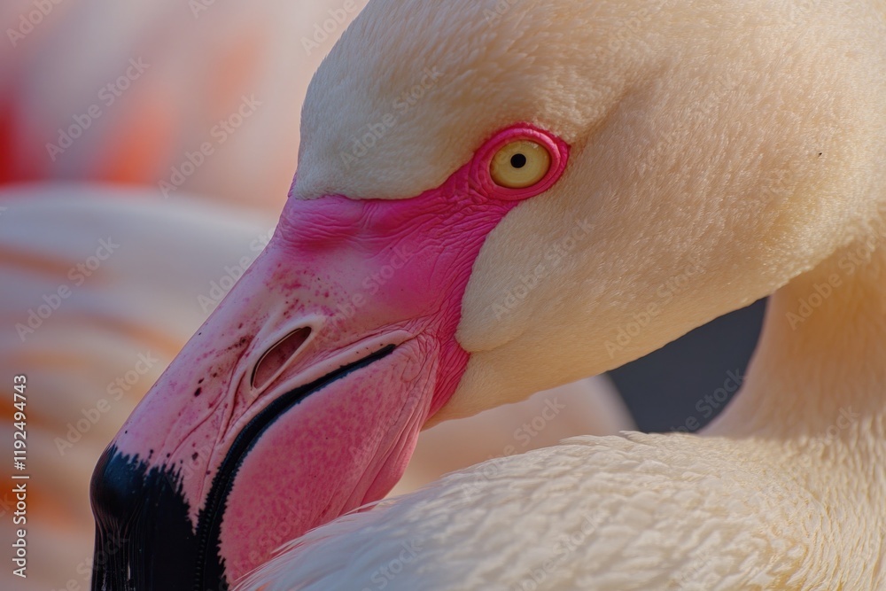 Poster a close-up shot of a pink flamingo's head with bright feathers and distinctive beak