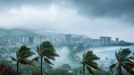 Stormy Coastal Cityscape with High-Rise Buildings and Swaying Palm Trees
