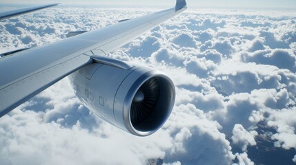 Jet engine soaring above fluffy clouds during a daylight flight over open skies