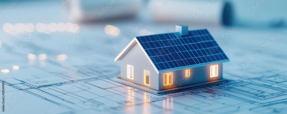 Poster architect project idea. a model house with solar panels on a blueprint background illustrating susta