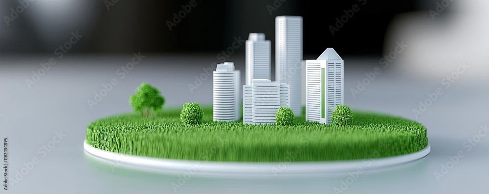 Poster architect blueprint idea. a miniature cityscape model on a green base showcasing modern architecture