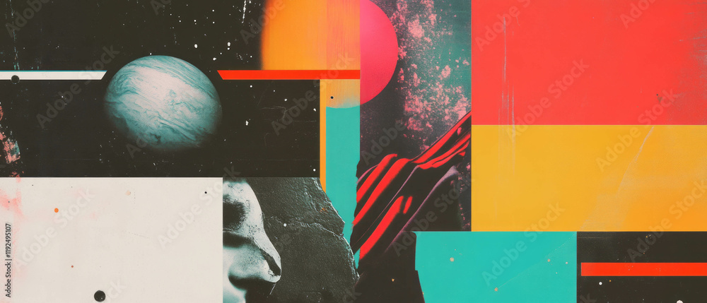 Poster modern scrapbook layout featuring geometric shapes and abstract patterns in bold colors