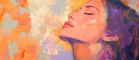Woman enjoying peaceful moment with colorful abstract background, representing relaxation, meditation, and inner beauty in artistic expression and well-being.