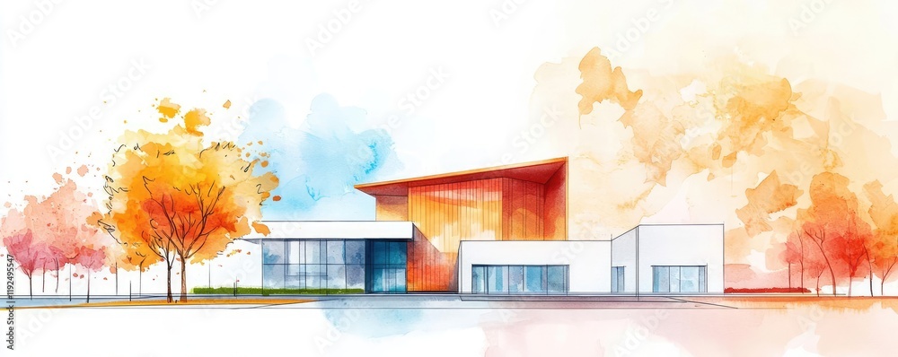 Poster architect project idea. modern architectural design featuring vibrant colors and surrounding nature.