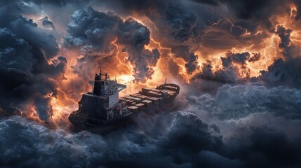 Obraz premium Cargo ship battles stormy seas under dark skies illuminated by lightning