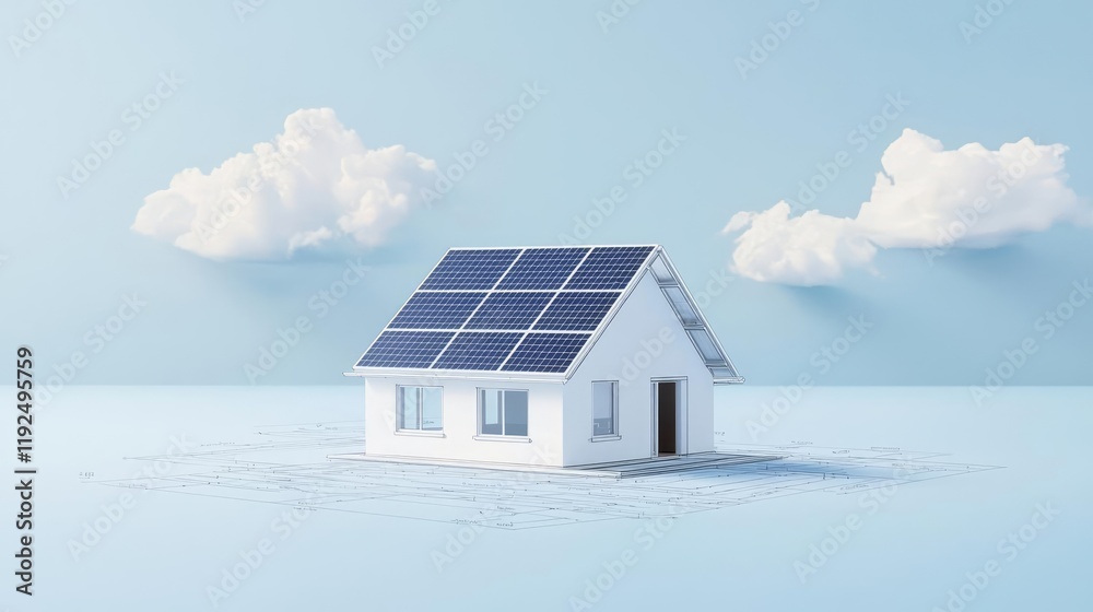Aufkleber architect project idea. modern house with solar panels against a serene blue sky and fluffy clouds.